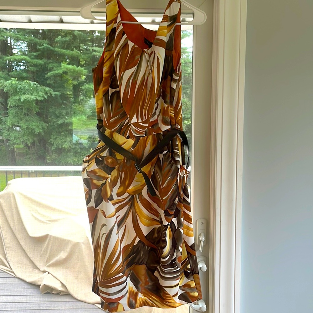 Brown and orange connected apparel dress w brown and black leather belt, size 16